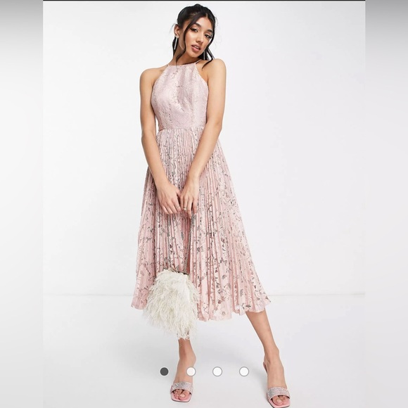 ASOS DESIGN pinny midi prom dress with pleated lace in blush - Picture 1 of 4